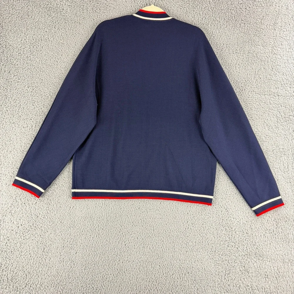 Vintage Mort Wallin Sweater Mens 2XL Navy Wool V Neck Striped Trim Holes Flawed